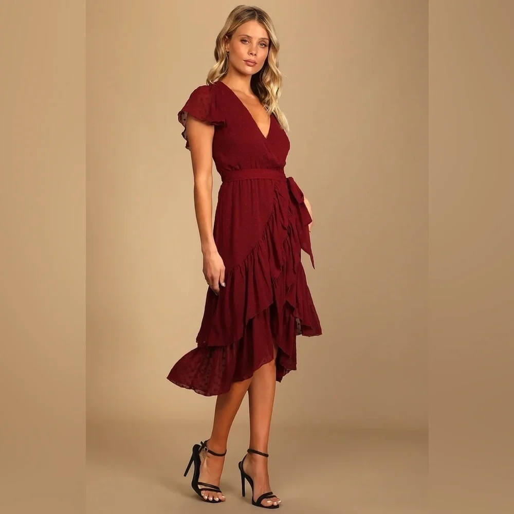 NWT Lulus Have Harmony Maroon Red Swiss Dot Ruffled Faux Wrap Midi Dress